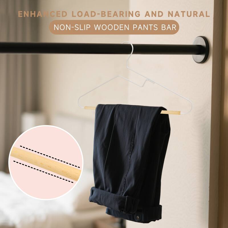 BP4U S-Shaped Opening Metal Coat Hangers with Wooden Pants Bar, Reinforced Wire Clothers Hangers for Sweaters, Shirts