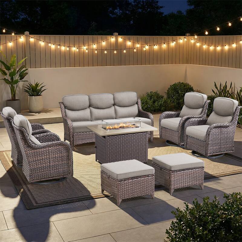 Pocassy Outdoor Fire Pit Sofa Swivel Chairs Conversation Set - Brown Wicker Gray Cushion - 8-Piece Sofa Swivel Chair Ottoman w/ Fie Table
