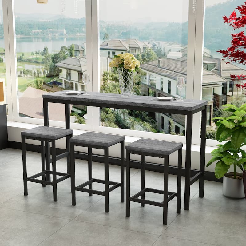 Long Dining Table Set with 3 Stools Pub Kitchen Set Side Table with Footrest