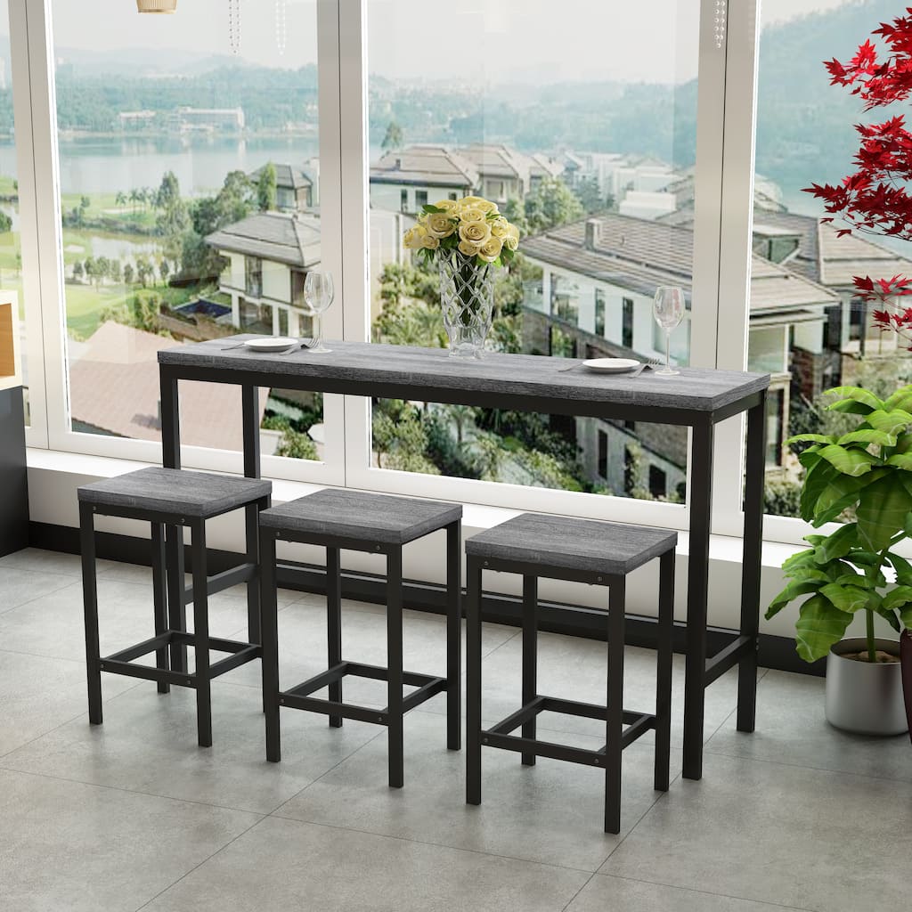 Long Dining Table Set with 3 Stools