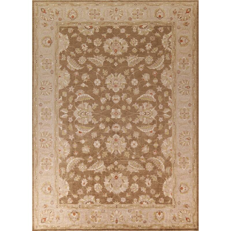 Vegetable Dye Brown Peshawar Oriental Area Rug Handmade Wool Carpet - 9'0"x 11'10"