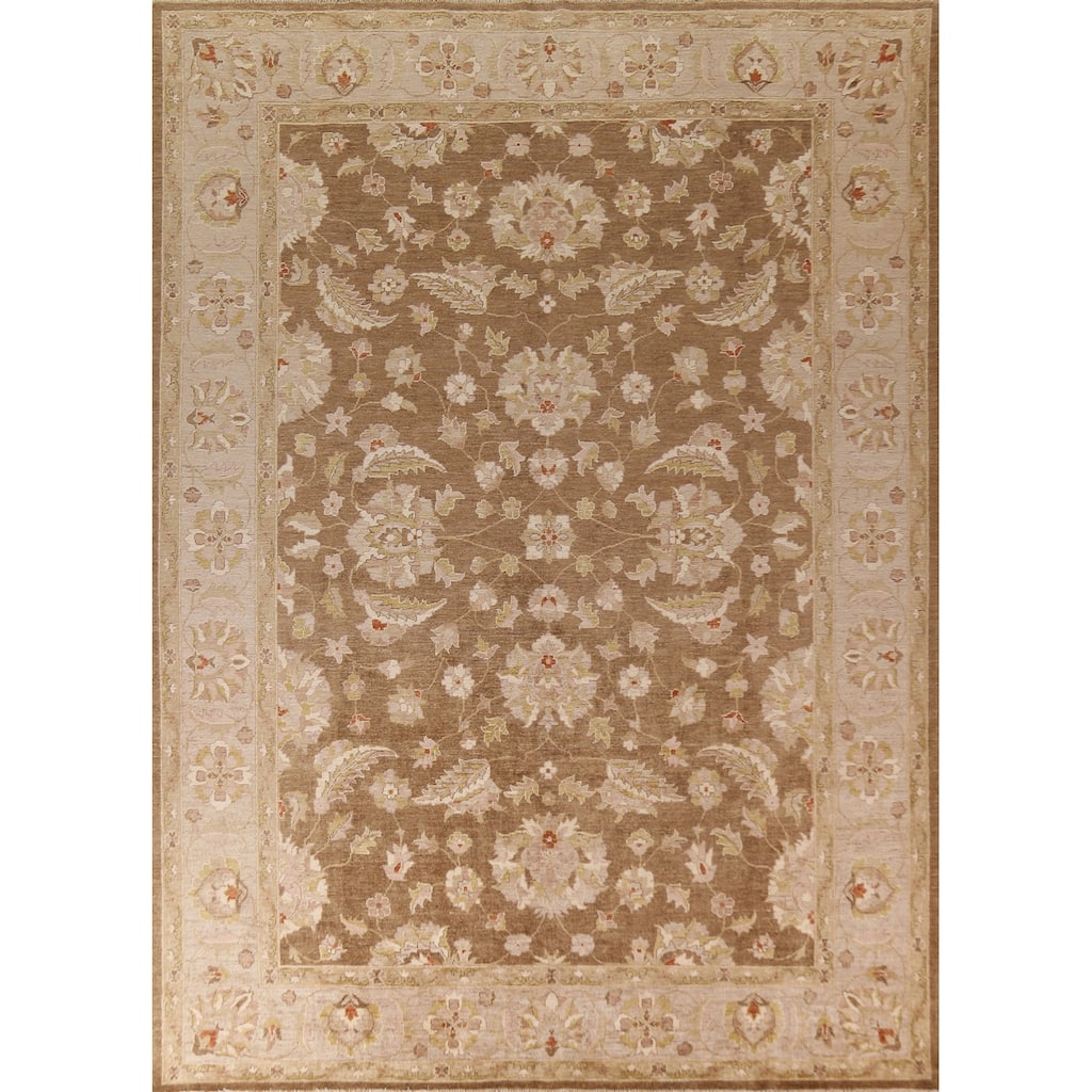 Vegetable Dye Brown Peshawar Oriental Area Rug Handmade Wool Carpet - 9'0"x 11'10"
