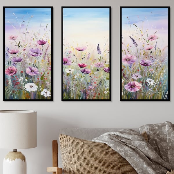 slide 2 of 13, Designart "Wild Flowers Meadows III" Flower Field Framed Art Set of 3 - Traditional Purple Wall Art Set 3 Pieces 36 in. W x 28 in. H - 3 Panels - Black