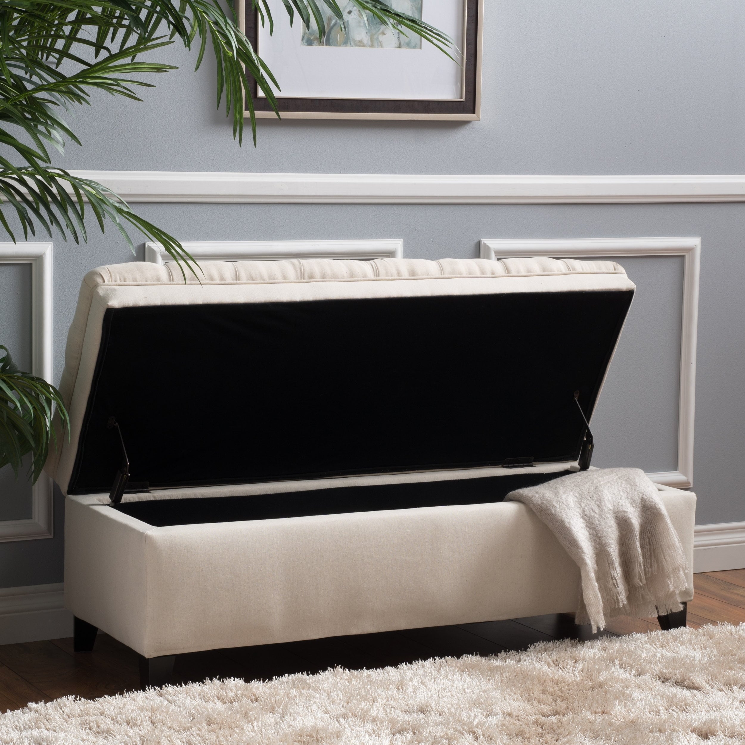 50-inch Beige Fabric Storage Ottoman with Tufted Top and Removable Feet