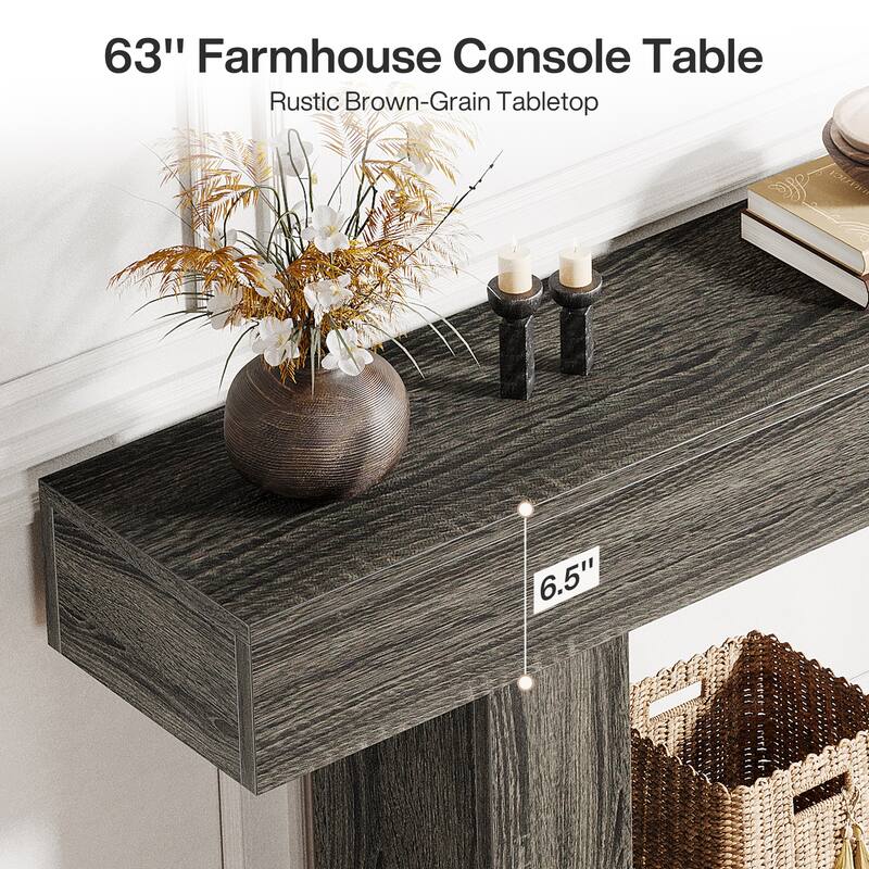 63" Console Table for Entryway, Farmhouse 2-Tier Wood Sofa Table Behind Couch