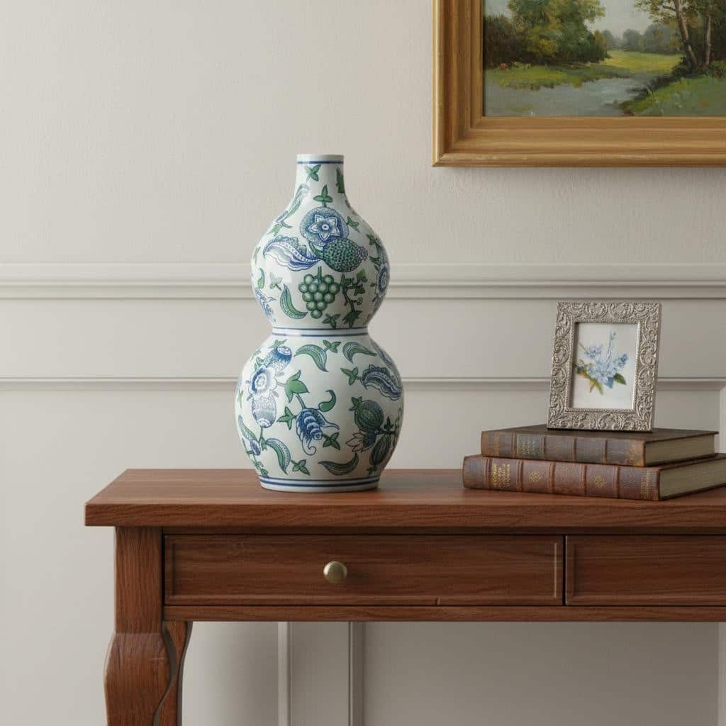 13" White Blue And Green Chinoiserie Porcelain Wavy Gourd Table Vase - 6.90