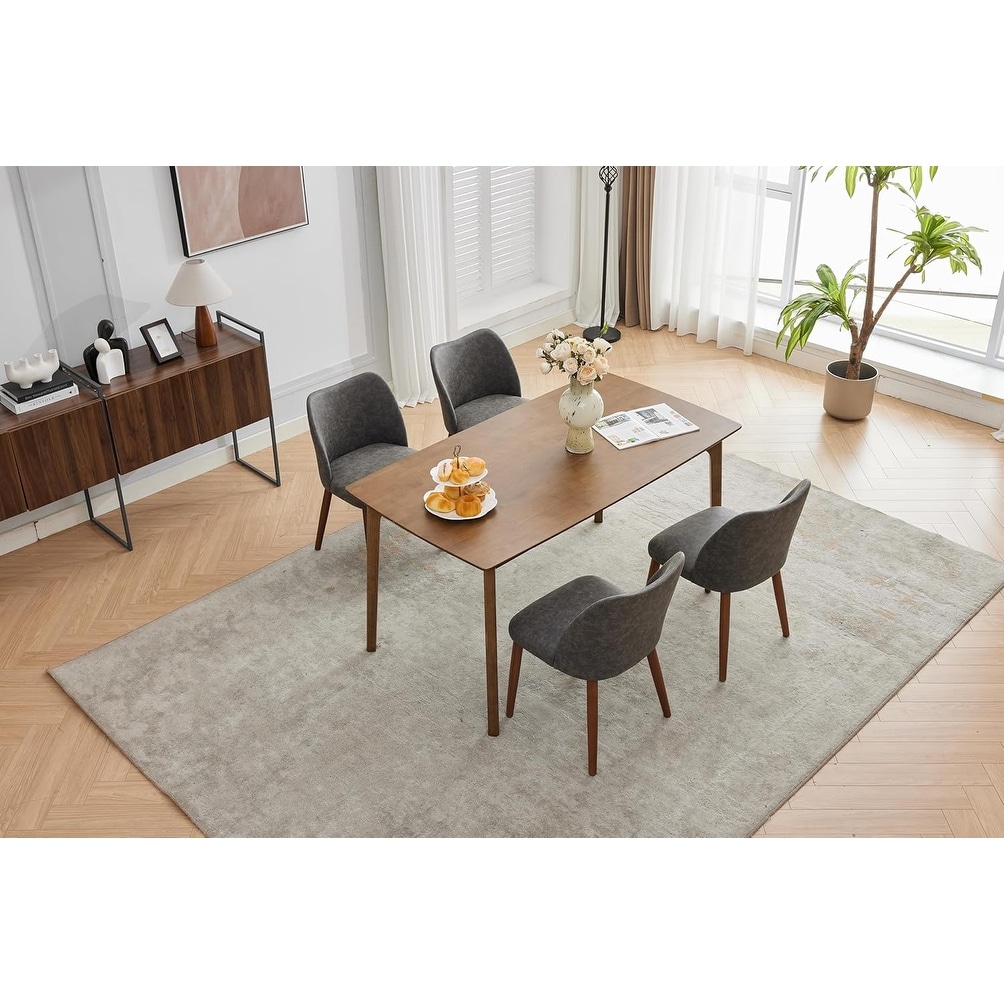 Upholstered Dining Chair with Wood Legs, Wing Backrest, Wooden Kitchen Chair with Thick Cushions