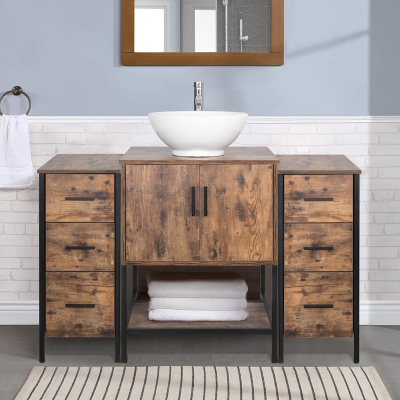48" Bathroom Vanity Set Organizer Top Vessel Sink W/ Faucet Drain Cabinet Combo - white ceramic round sink