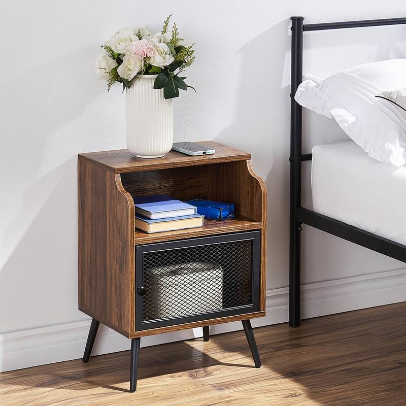 Industrial 3 Piece Bedroom Set Black Platform Bed Frame and Modern Brown Nightstands Set of 2