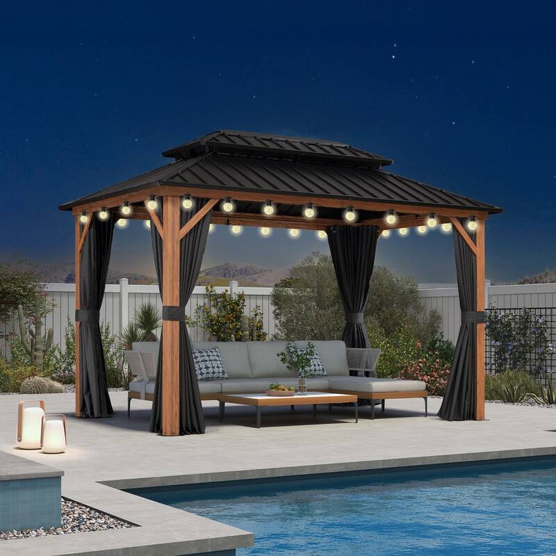PURPLE LEAF Patio Hardtop Gazebo for Outdoor Wood Grain Aluminum Frame Galvanized Steel Double Roof and Backyard Garden - 08 x 12ft - Withlights 