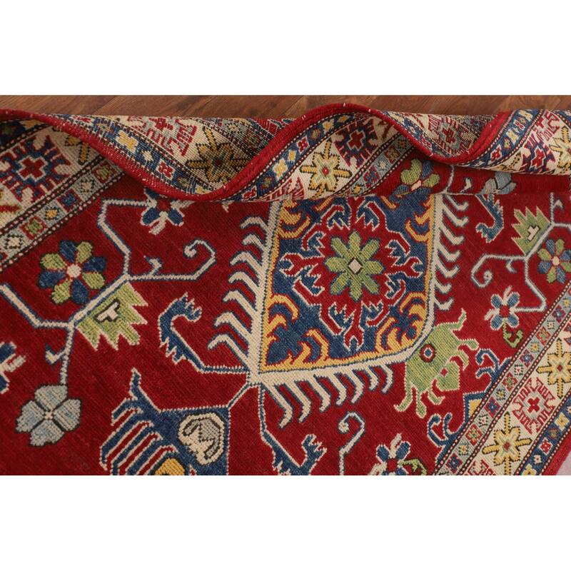 Red Geometric Kazak Rug Handmade Oriental Foyer Wool Carpet - 3'3" x 5'5"