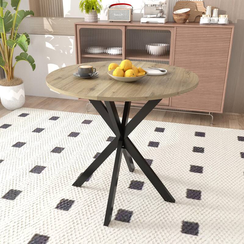 31.5 Inch Round Dining Table, Small Circle Kitchen Table with Metal Black Legs for 2-4 people,Modern Dining Room Table, Brown (o
