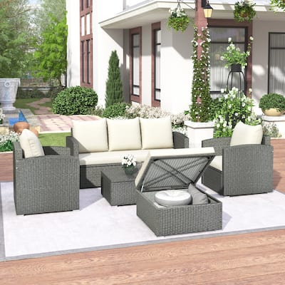 Stylish Outdoor 5-Piece Sectional Sofa Set, All-Weather PE Wicker Rattan, Multifunctional Table and Ottoman, Beige Cushion