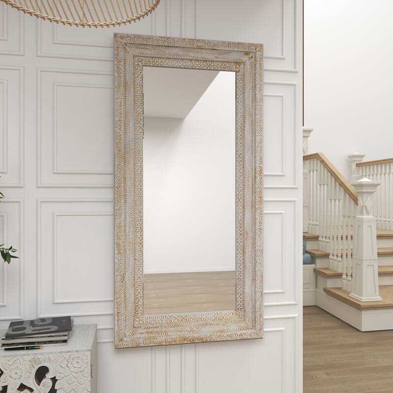 Brown Wood Intricately Carved Floral Room Wall Mirror