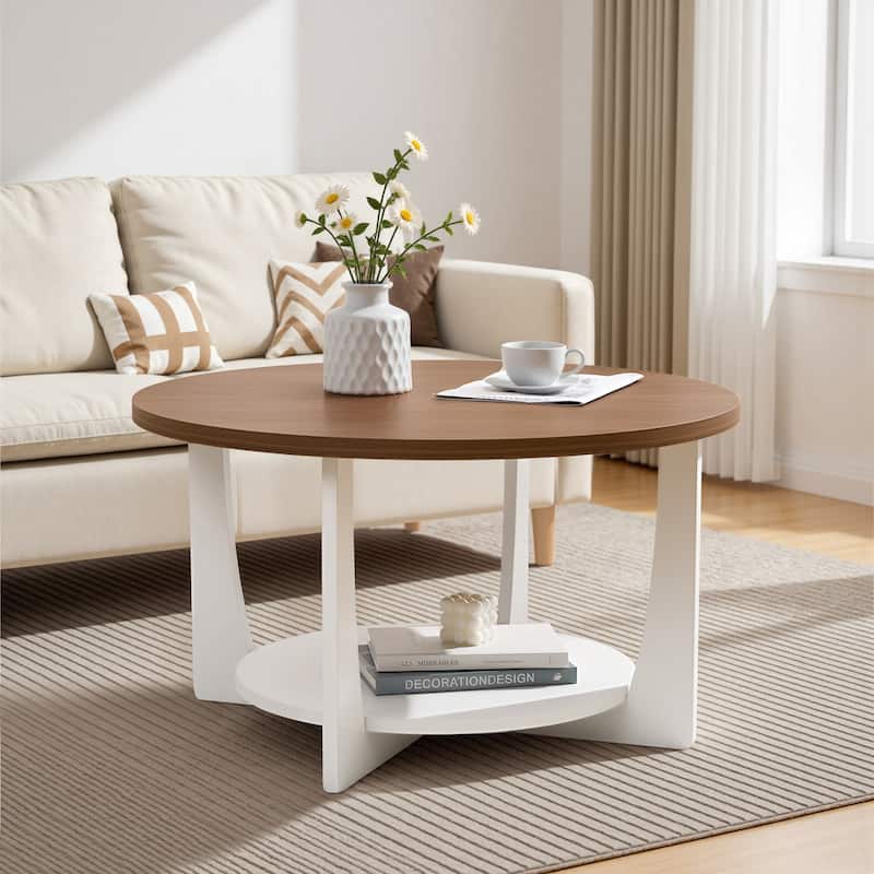 31.5" Round Coffee Table with Solid Wood Legs and 2-Tier Storage - 31.5"Dia x 17.72"H - Walnut and White