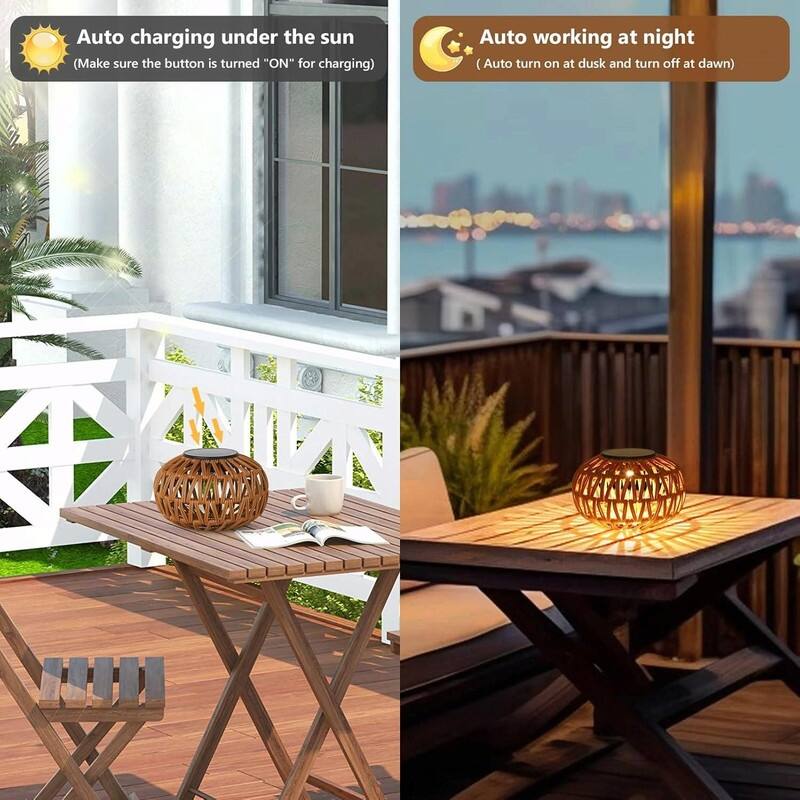 2-Pack Outdoor Solar Lanterns - Waterproof Rattan Tabletop Lights