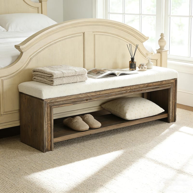 55.12" Wooden Upholstered Bed Bench with Storage, Rustic Wood End Of Bed Bench with Teddy Fleece Cushion for Bedroom