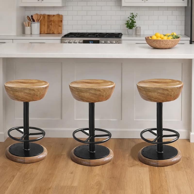 Rustic Charm Swivel Counter Bar Stool 24 Inch Handcrafted, Brown Mango Wood Round Seat, Black Iron Base with Footrest