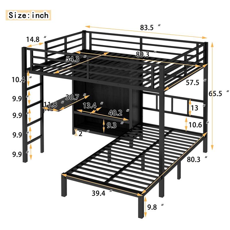 Full XL Over Twin Bunk Bed with Folding Desk for Kids, Heavy Duty Metal Bed Frame w/ LED Closet & Safety Guardrails, Noise Free
