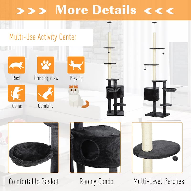 86"-96" Adjustable Cat Tree Tower with Platforms & Ceiling Tension Rod - 21.75" W x 17.75" D x 86.5 - 96.5" H