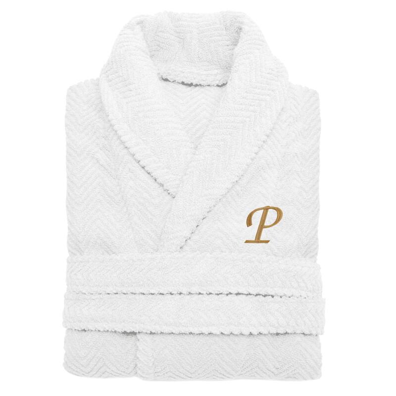 Authentic Hotel and Spa White with Gold Monogrammed Herringbone Weave Unisex Bath Robe - S/M - P