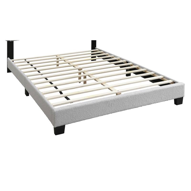 Queen Size Light Gray Wool Fabric Upholstered Bed with LED Headboard and Channel Tufting