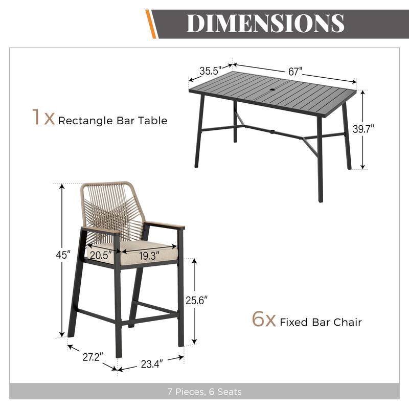7-Piece Outdoor Patio Wicker Bar Counter Height Stool Set with Back and Cushion