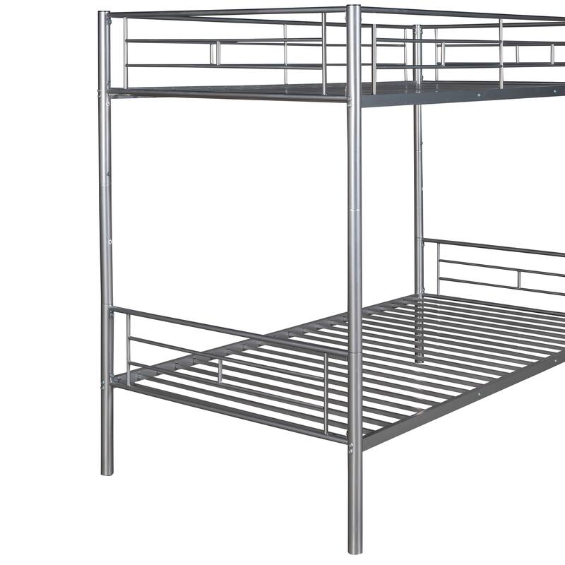 Silver Twin Over Twin Metal Bunk Bed with Safety Guardrails & Space-Saving Design