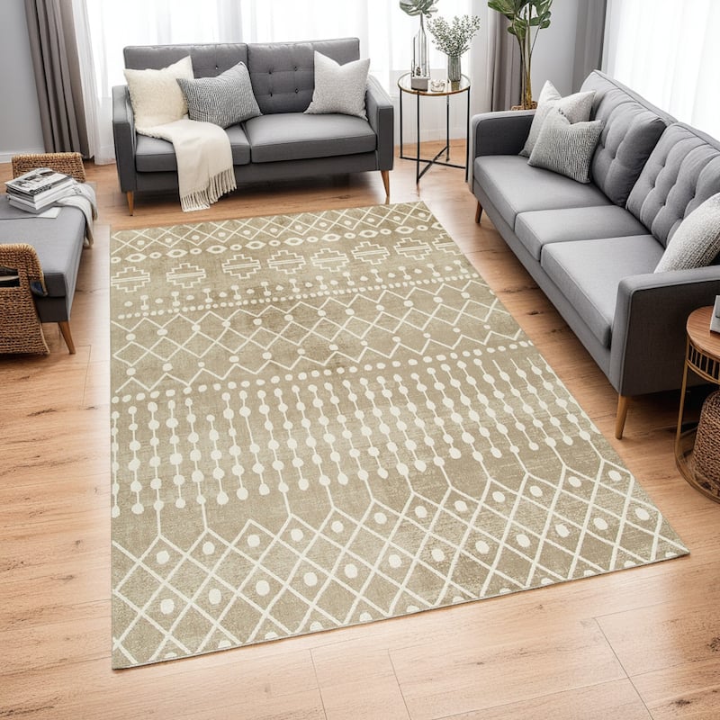 Bunny 8 x 10 Area Rug, Brown Tribal Print, Low Pile Polyester for Busy Area - 8 x 10