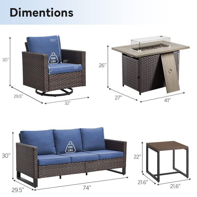 Outdoor Sofa Glider Chairs & Fire Table Brwon-Blue - Brown