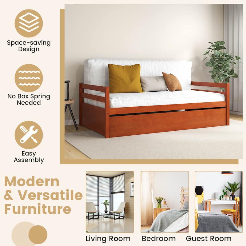Costway Twin Size Trundle Daybed Wooden Slat Support Mattress Platform