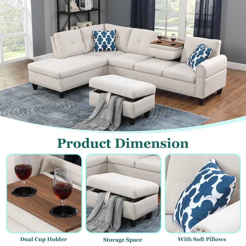 HOMEFUN Linen/Leather Upholstered L-Shaped 4-seater Multifunctional Sectional Sofa with Storage Ottoman,Cup Holder