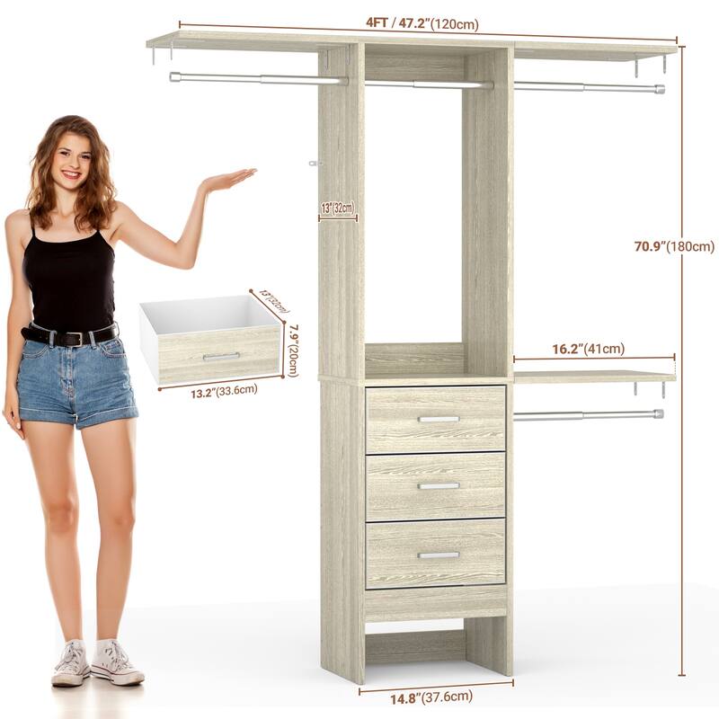 4FT Kid's Closet System with Fabric Drawers for Small Closet, Closet Organizer for Walk-in/ Reach-in Closet