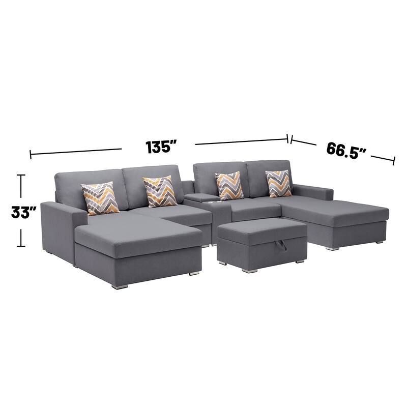 Linen Fabric 6 Piece U-Shaped Double Chaise Sectional Sofa with Interchangeable Legs and Storage Console Table