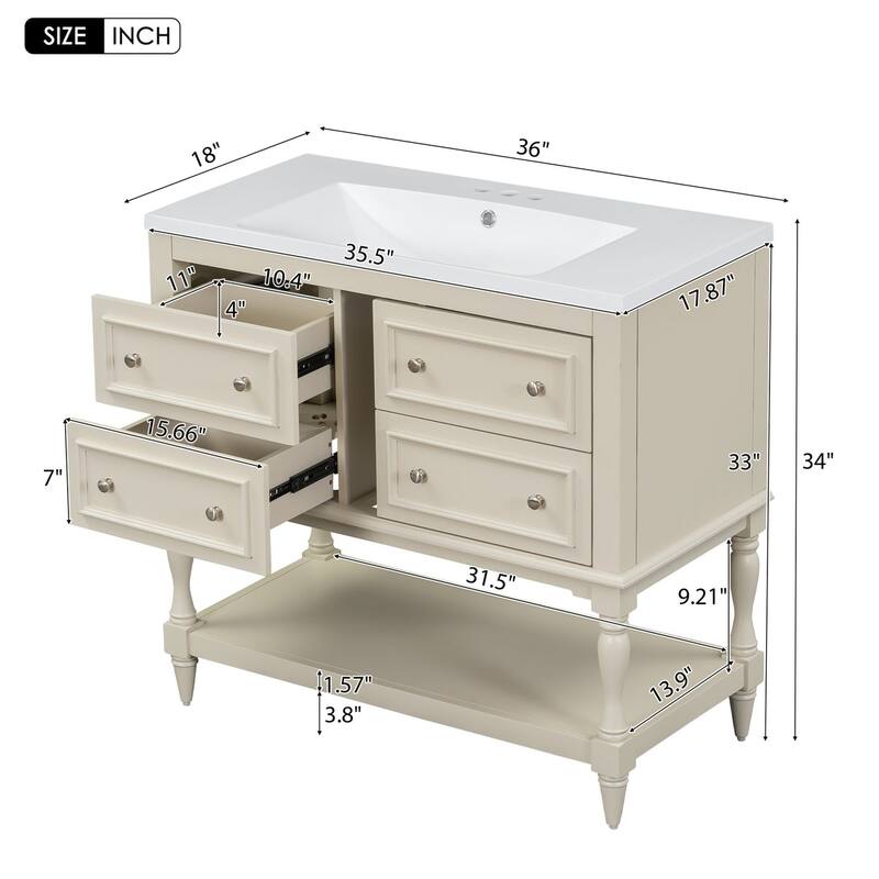 36 inch MDF Freestanding Bathroom Vanity Set with Integrated Resin Sink with Mirror cabinet