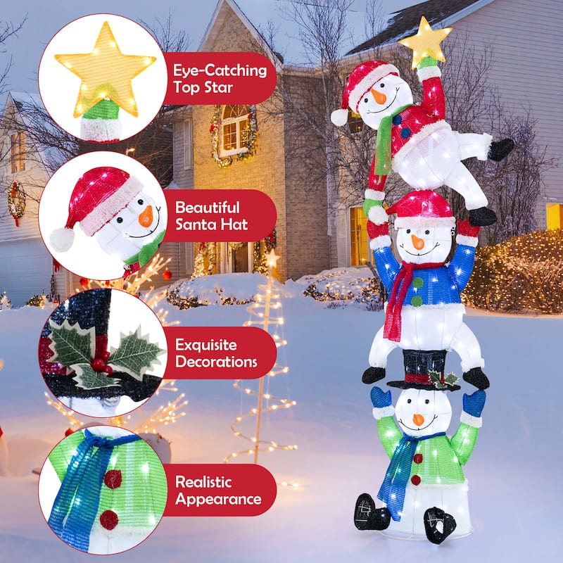 Gymax 6 ft 3D Pre-Lit Christmas Stacked Snowman w/ 155 LED Lights Zip - Multi - See Details