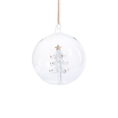 Clear 4.75" Glass Ball Christmas Ornaments with Holiday Tree Motif, 4-Piece Set