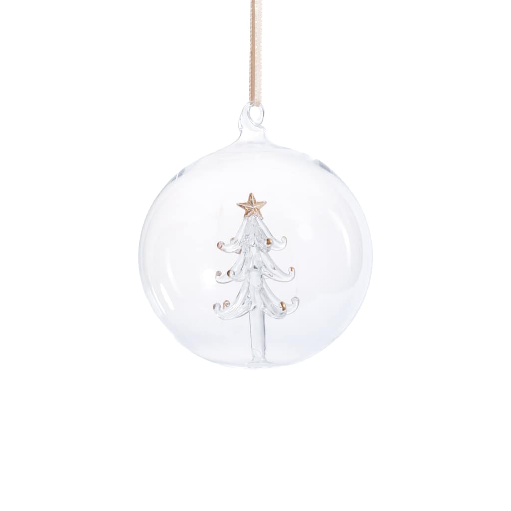 Clear 4.75" Glass Ball Christmas Ornaments with Holiday Tree Motif, 4-Piece Set