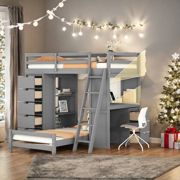 slide 2 of 18, Simple Twin over Twin Bunk Bed With LED Light And USB Ports