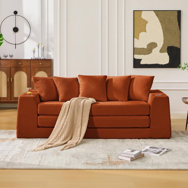 Modern Convertible Loveseat Sofa Bed, Corduroy Fabric Foldable Floor Couch w/5 Pillows, Side Pockets & Cup Holders, No Assembly - Orange