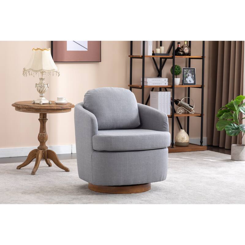 Fabric Swivel Accent Chair With Soild Wood Round Brown Base Leg - Light Blue