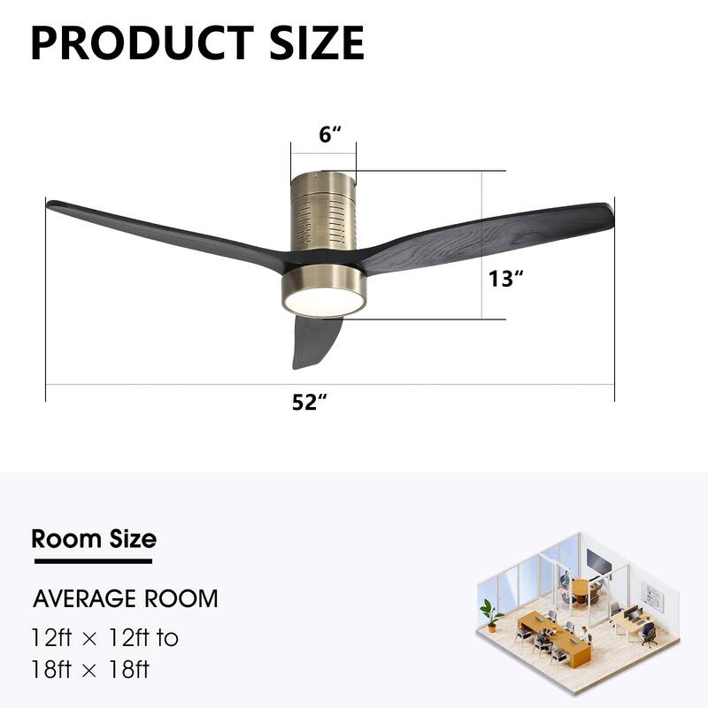 52" Flush Mount Wood Ceiling Fan with Dimmable LED Light and Remote Control