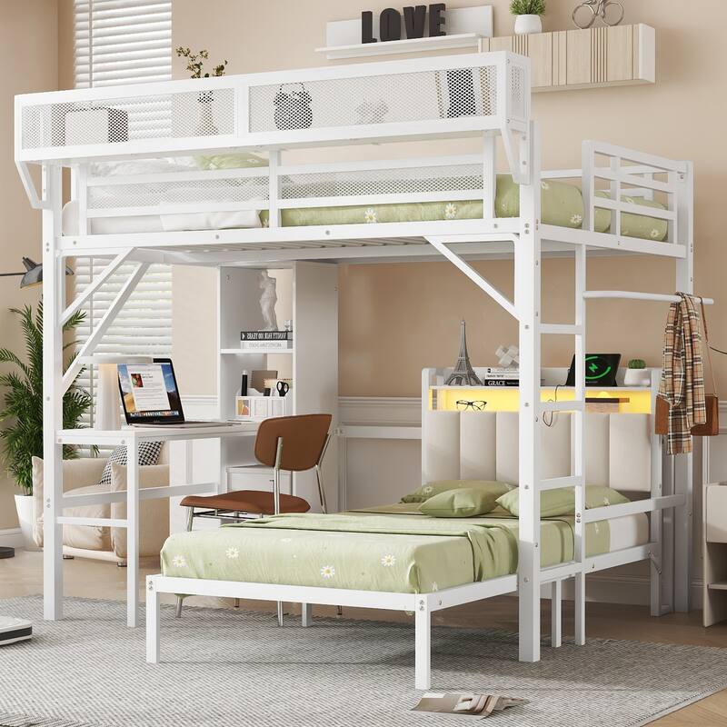 Full over Twin Bunk Bed with Desk, Bookshelves, Charging Station & LED Lights, Detachable Metal Loft Bed
