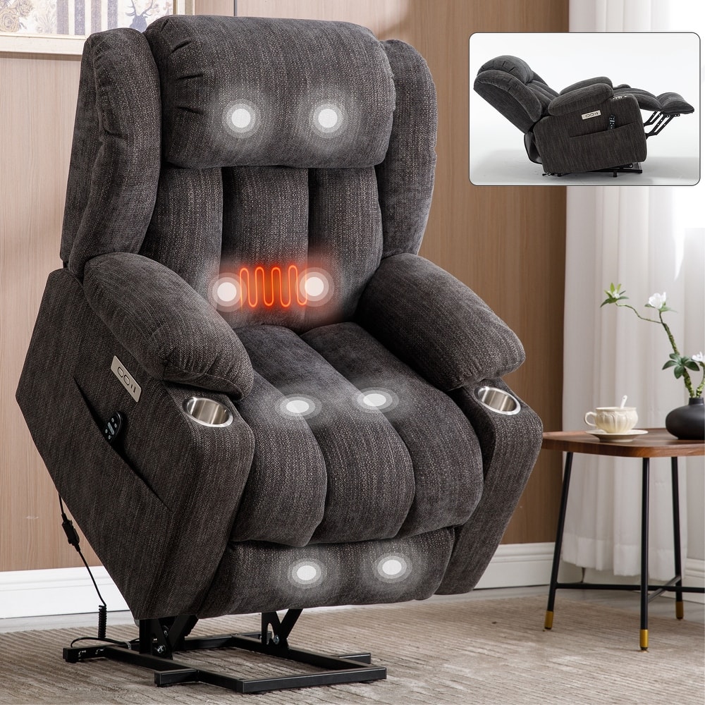 Chenille Power Lift Recliner wMassage, Heat, USB, Type-C, Cup Holders