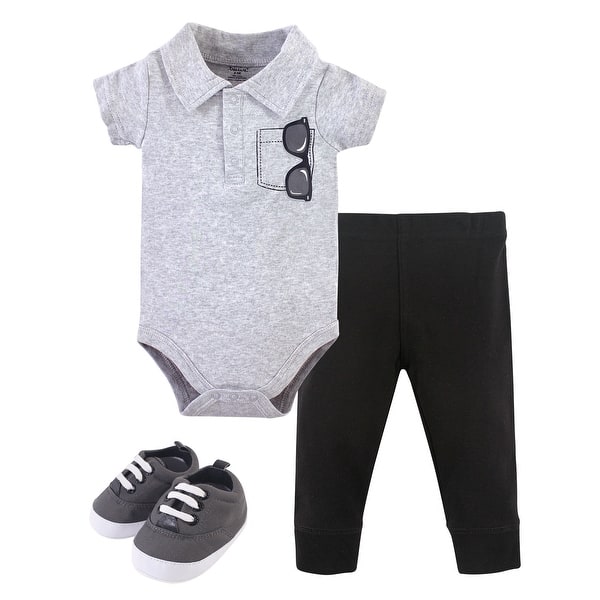 slide 1 of 1, Little Treasure Baby Boy Cotton Bodysuit, Pant and Shoe 3pc Set, Sunglasses Collar 0-3 Months - Sunglasses Collar
