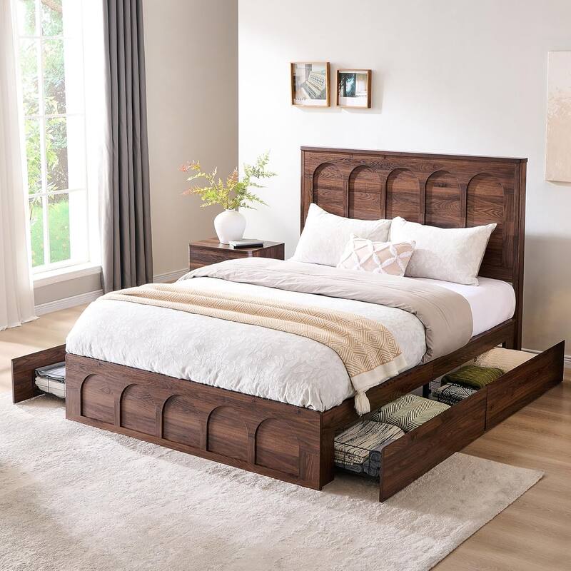 Modern Queen Size Bed Frame, 52" Tall Arched Recessed Headboard - Brown