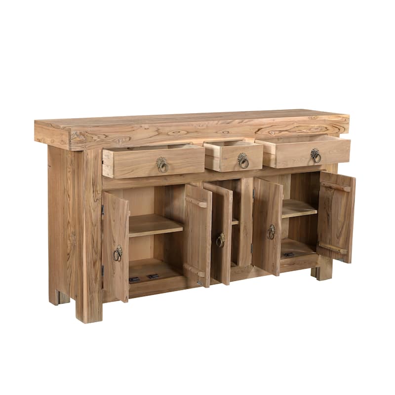 HomeRoots 72" Natural Solid Wood Three Drawer Sideboard with Five Doors - 72.00 in. x 38.00 in. x 16.00 in.