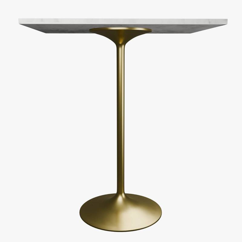 LeisureMod Verve Square Bar Dining Table with White Resin TableTop and Gold Steel Base for Kitchen & Dining Room