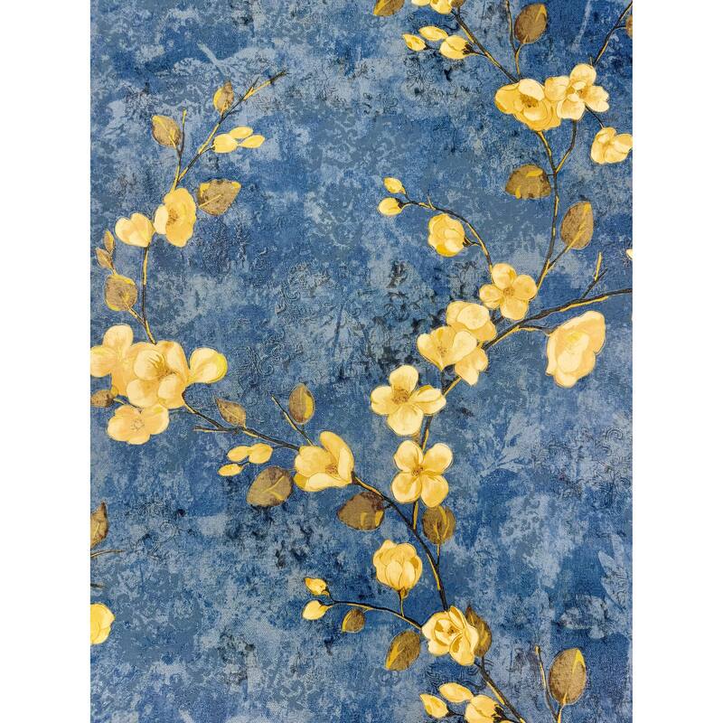 Blue Gold Botanical, Sakura Gold Leaves, Seamless Weave Japanese Mural Wallpaper - Double Roll