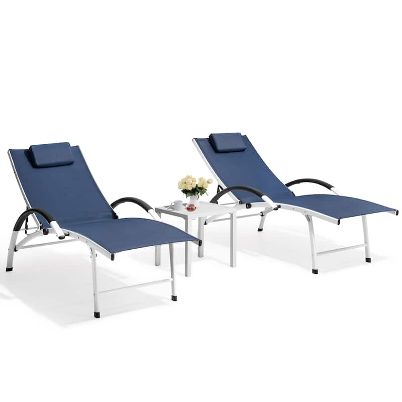3-piece Outdoor Adjustable Aluminum Reclining Chaise Lounge Chairs with Wheels and Side Table Set
